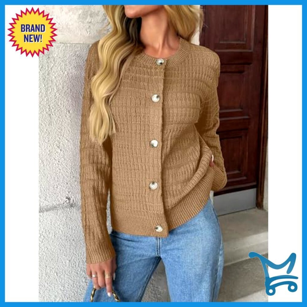 Chunky Knit Cardigan Open Front Cropped Crew Neck Button Down Sweater Chic - Picture 2 of 7